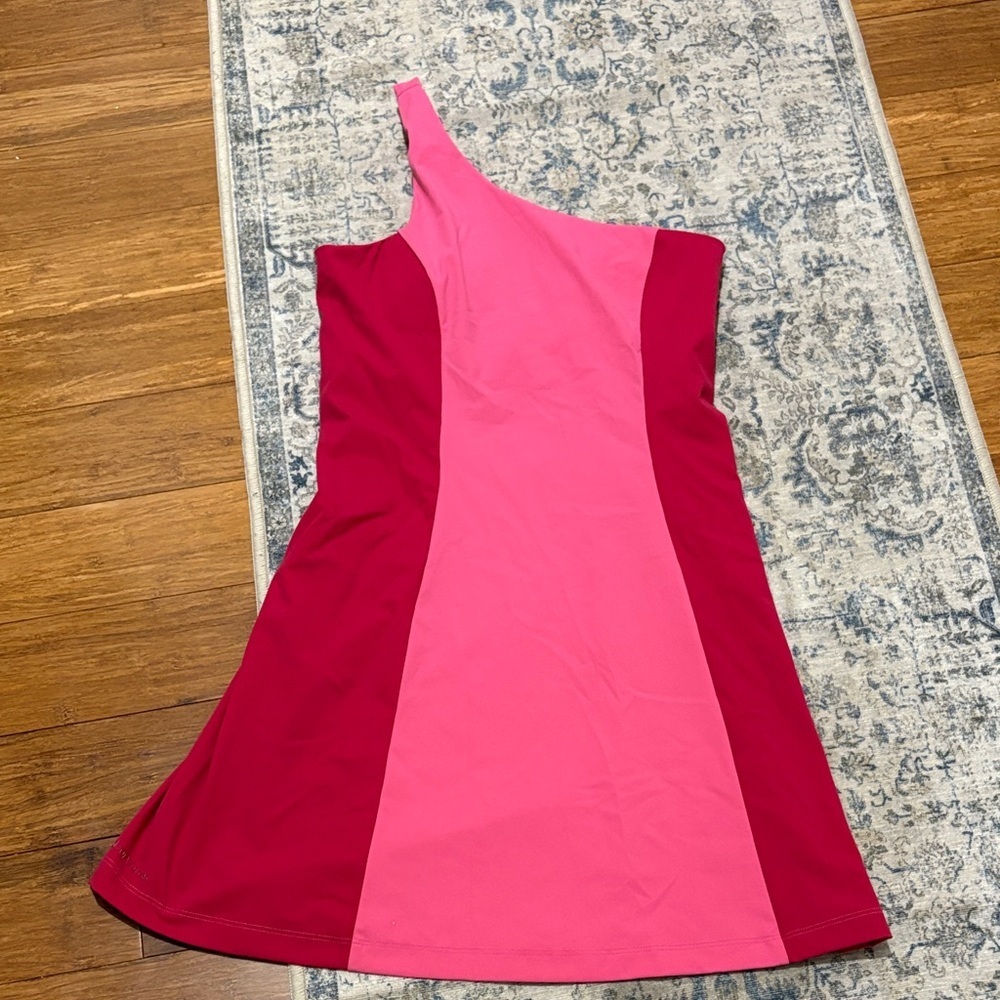 Outdoor Voices One Shoulder Dress in Pink and Red Tones